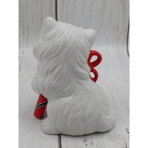 Vintage HOMCO White Christmas Kitten w/ Candy Cane Holiday Cat with Red Bow - Picture 3 of 4
